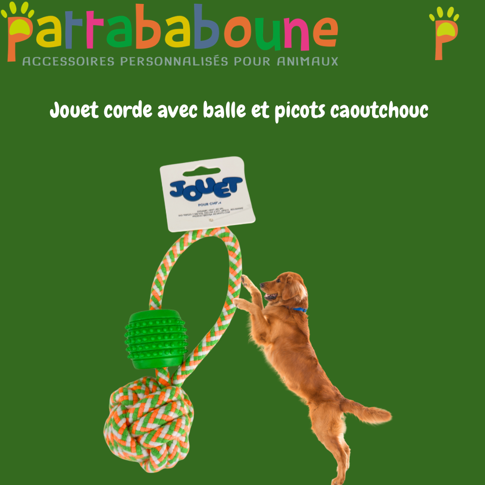 Jouet poignée corde avec balle et caoutchouc picot - Pour chien
