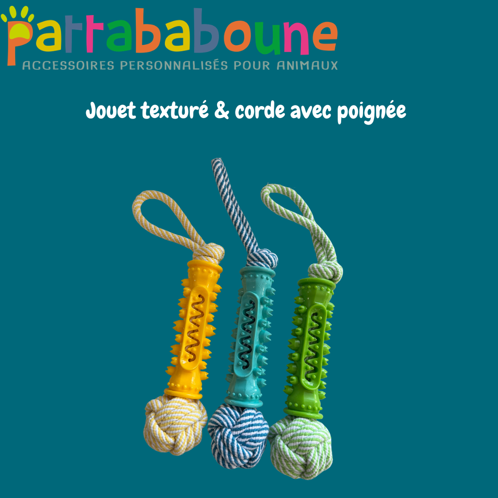 Jouet texturé & corde avec poignée pour chien