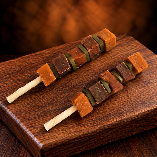 Brochette pour chien au poulet, canard, bœuf, lapin et peau de buffle