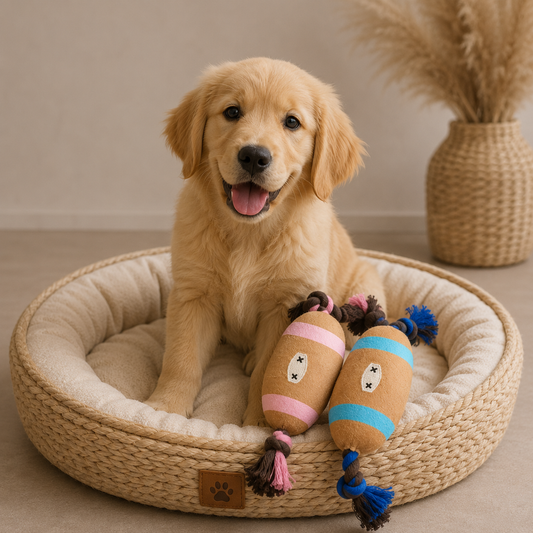Plush dog toy with rope and squeaker