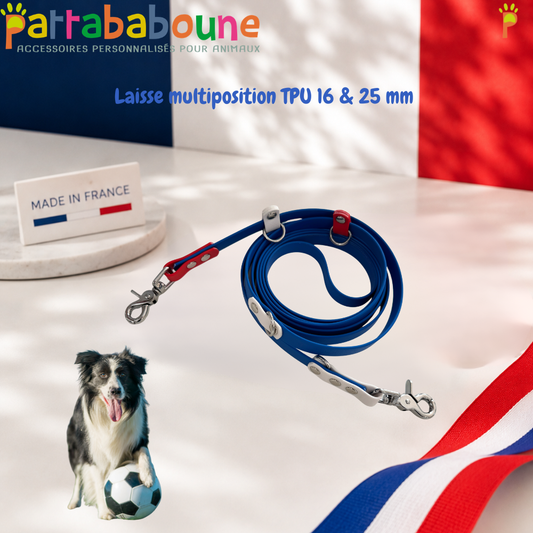Laisse multiposition personnalisée TPU bleu blanc rouge - 16 & 25 mm