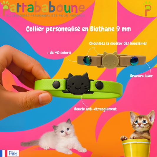 Collier chat anti-étranglement personnalisé - biothane 9 mm