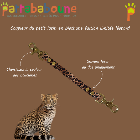 Coupleur du petit lutin personnalisé "léopard" en biothane 16 mm édition limitée