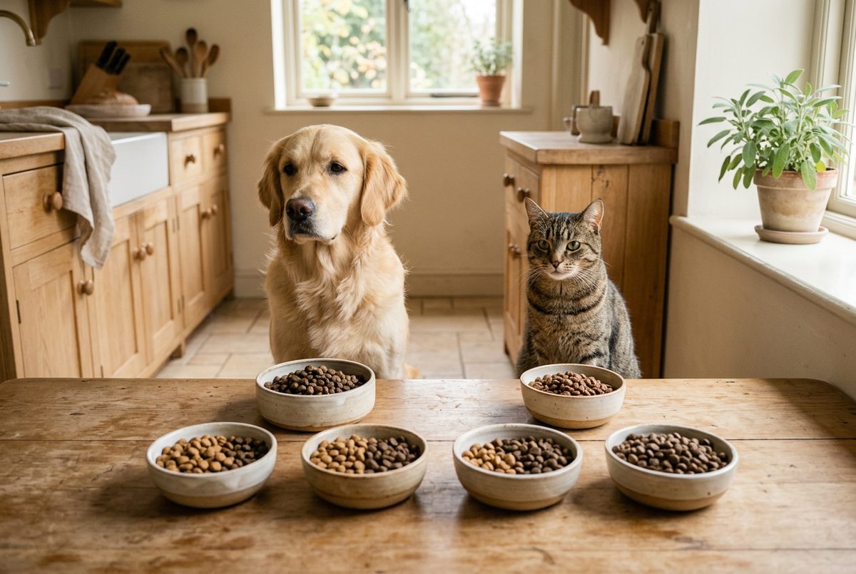 Illustration de la transition progressive des croquettes pour chien et chat