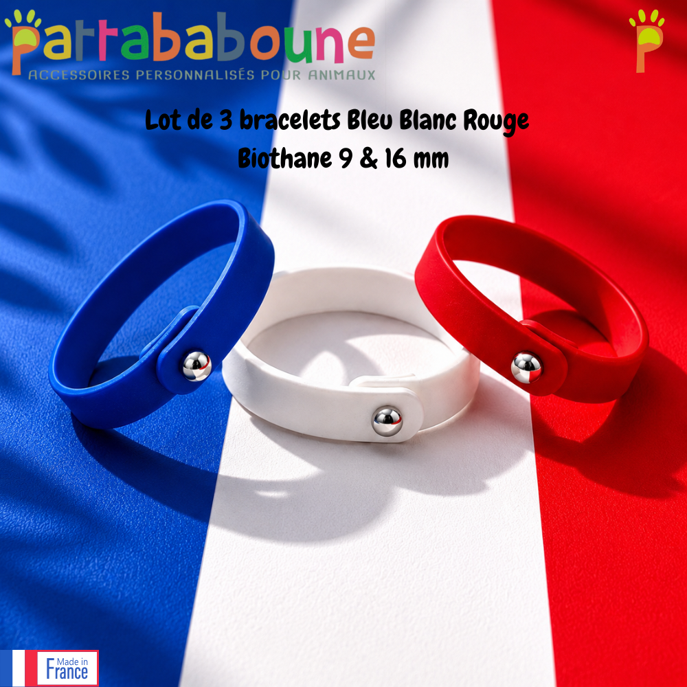 Lot de 3 bracelets personnalisables Bleu Blanc Rouge - Biothane 9 et 16 mm- Fermeture bouton à enfiler