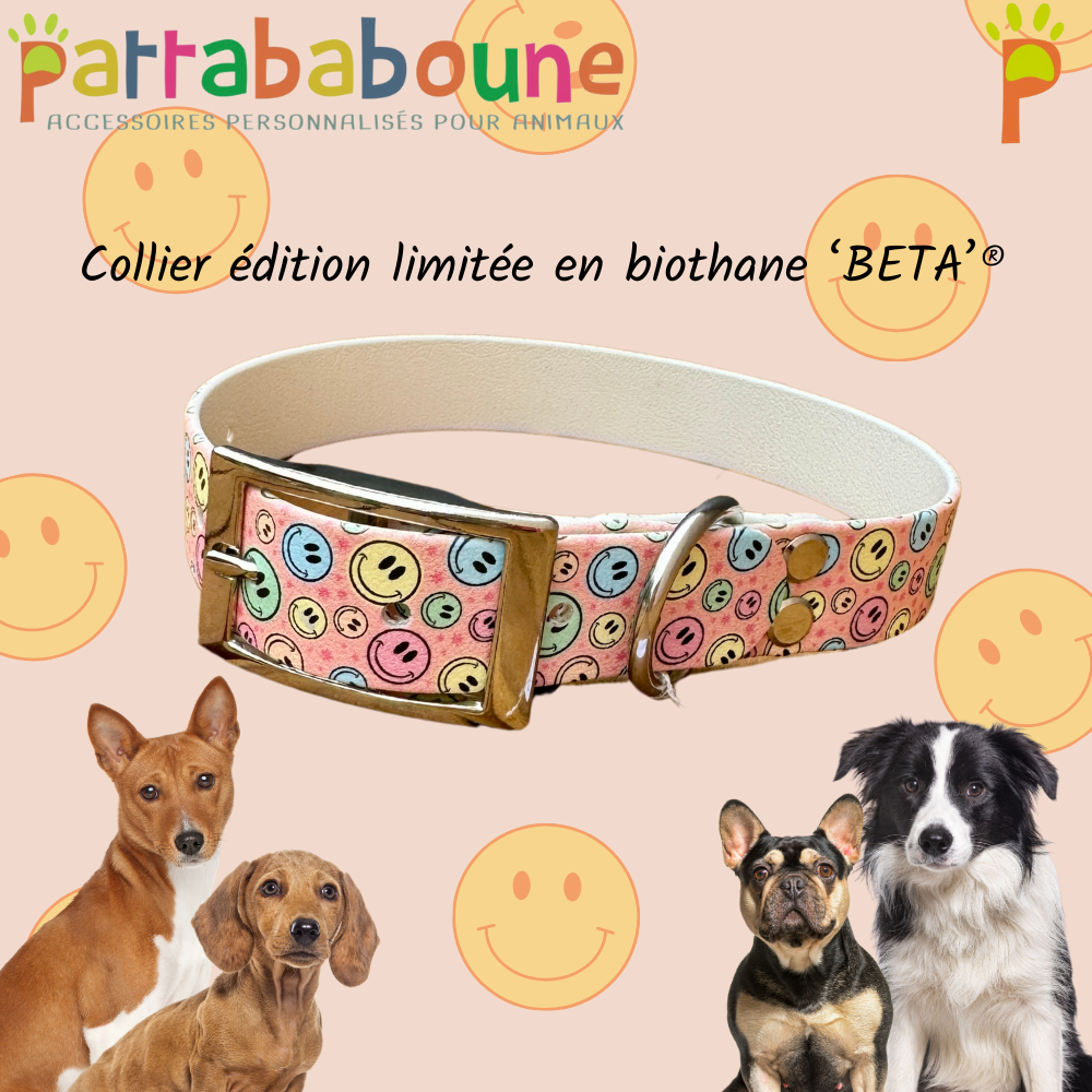 Collier chien édition limitée "happy smiley" en biothane 'BETA'® 25mm