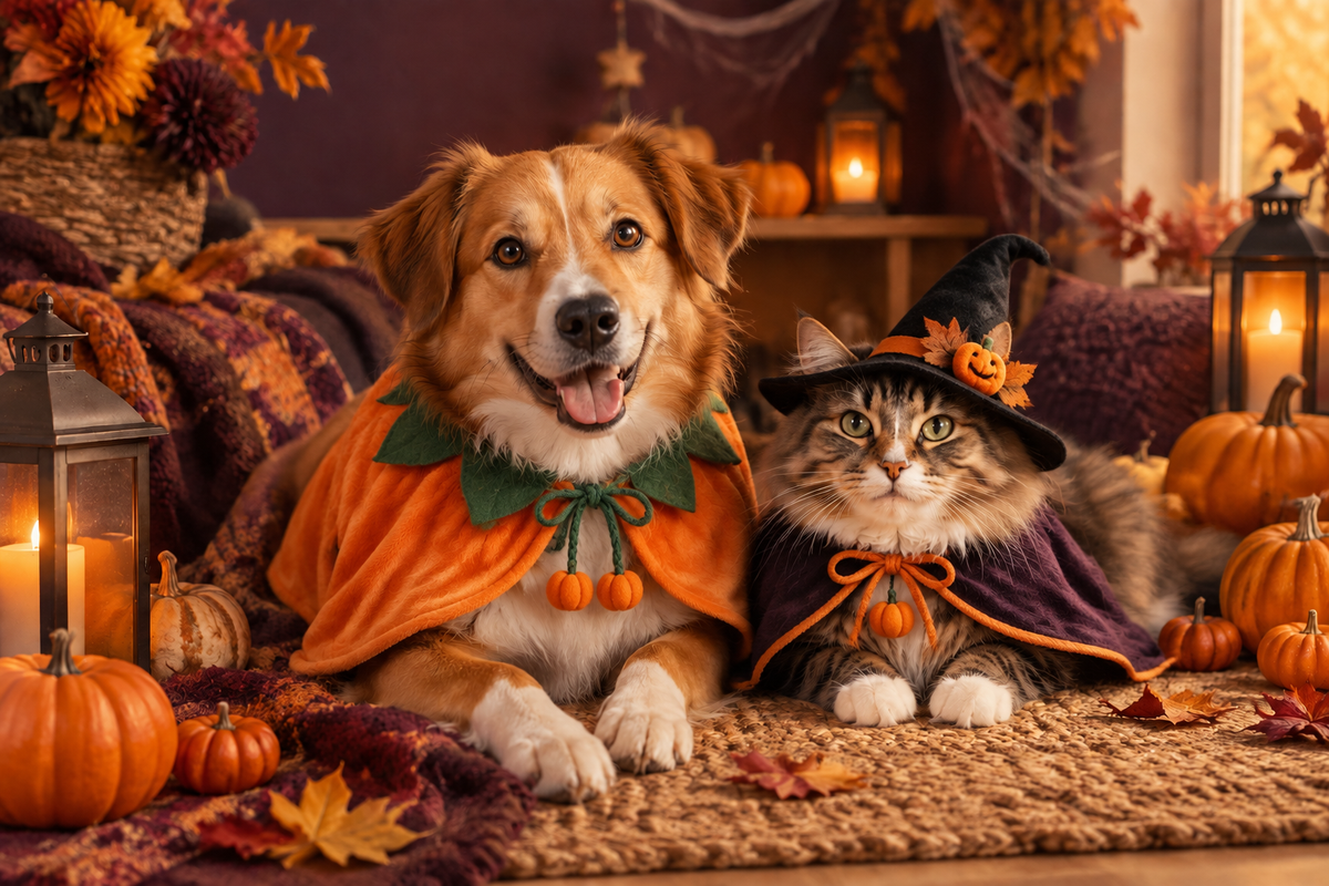Un chien déguisé en citrouille et un chat en sorcière pour Halloween