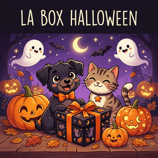Visuel Halloween cartoon avec chien, chat, citrouilles et petits fantômes